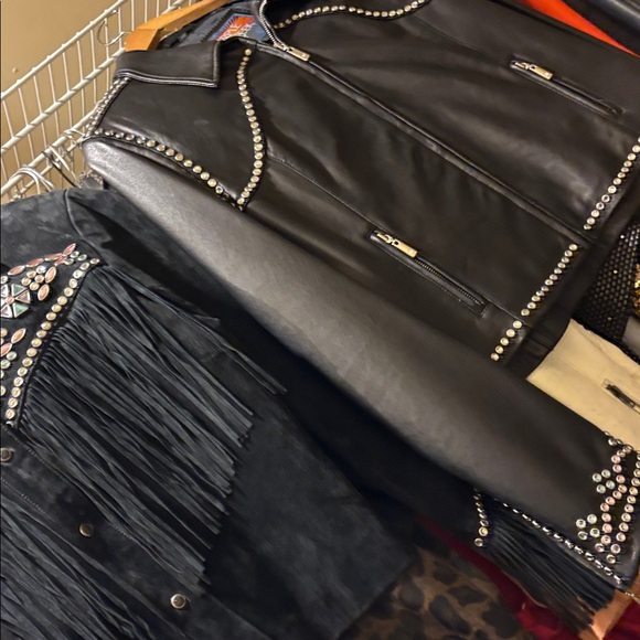 Black Suede Fringe Rhinestone Studded Leather Jacket L Excellent VTG Condition - Picture 7 of 17